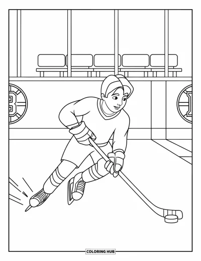 Coloriage de hockey pour enfants : Un adolescent glisse sur la patinoire avec la rondelle près de bancs et d'un logo d'équipe