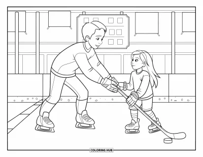 Coloriage de hockey pour enfants : Un adolescent passe la rondelle à un frère ou une sœur sur la glace près de banderoles et d'un tableau de score