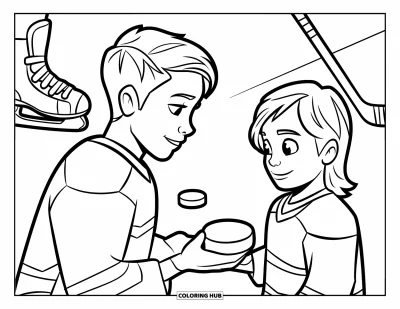 Coloriage de hockey pour enfants : Un adolescent passe la rondelle à un plus jeune frère ou sœur sur la glace avec des patins à proximité