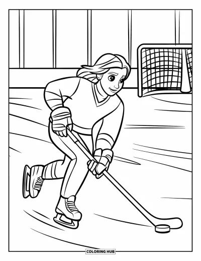 Coloriage de hockey pour enfants : Un adolescent patine vite avec la rondelle près des panneaux et d'un but sur la patinoire