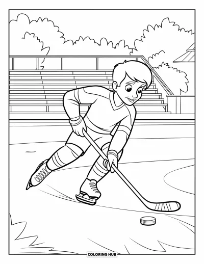 Coloriage de hockey pour enfants : Un adolescent patine rapidement avec la rondelle près d'arbres, de gradins et d'un bâtiment
