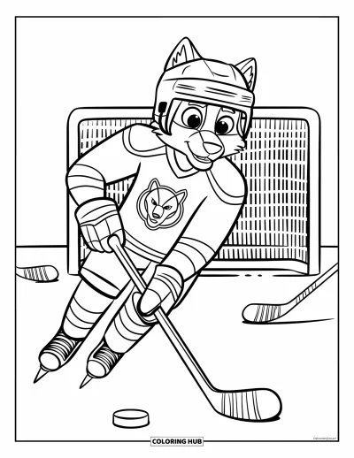 Coloriage de hockey pour enfants : Un loup en maillot avec un logo patine sur la neige près de poteaux de but et d'équipements dispersés