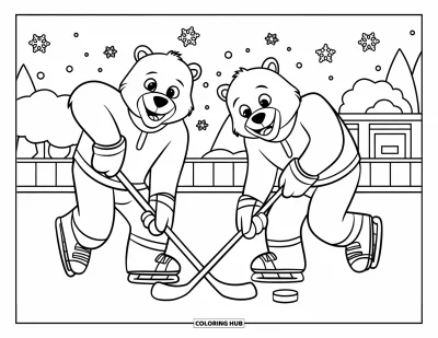 Coloriage de hockey pour enfants : Des ours polaires jouent au hockey sur un terrain enneigé près d'arbres et d'un bâtiment au loin