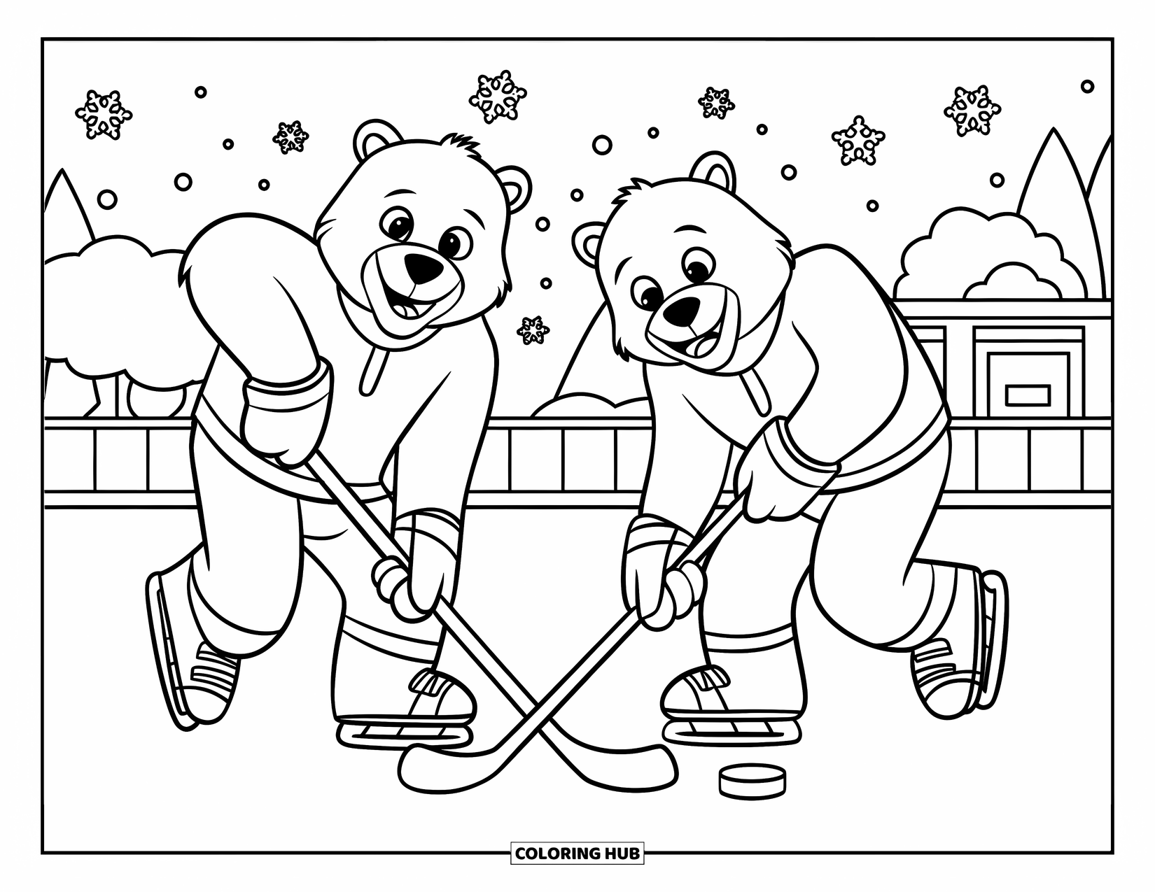 Hockey Coloring Page for Kids: Friendly polar bears play hockey on a snowy field near trees and a distant building