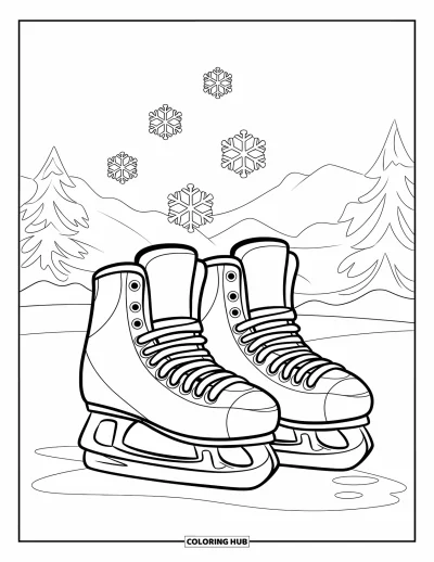 Coloriage de hockey pour enfants : Des patins de hockey reposent dans la neige pendant que des flocons ronds tombent près d'arbres enneigés et de montagnes
