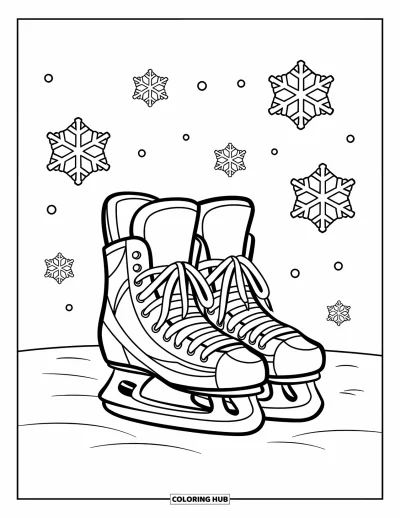 Coloriage de hockey pour enfants : Des patins de hockey avec des lacets sont posés sur la neige sous de simples flocons flottants
