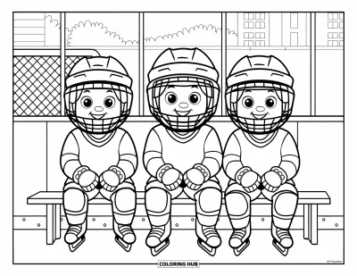 Coloriage de hockey pour enfants : Des enfants en casques et maillots sont assis sur un banc près d'une patinoire et d'un filet