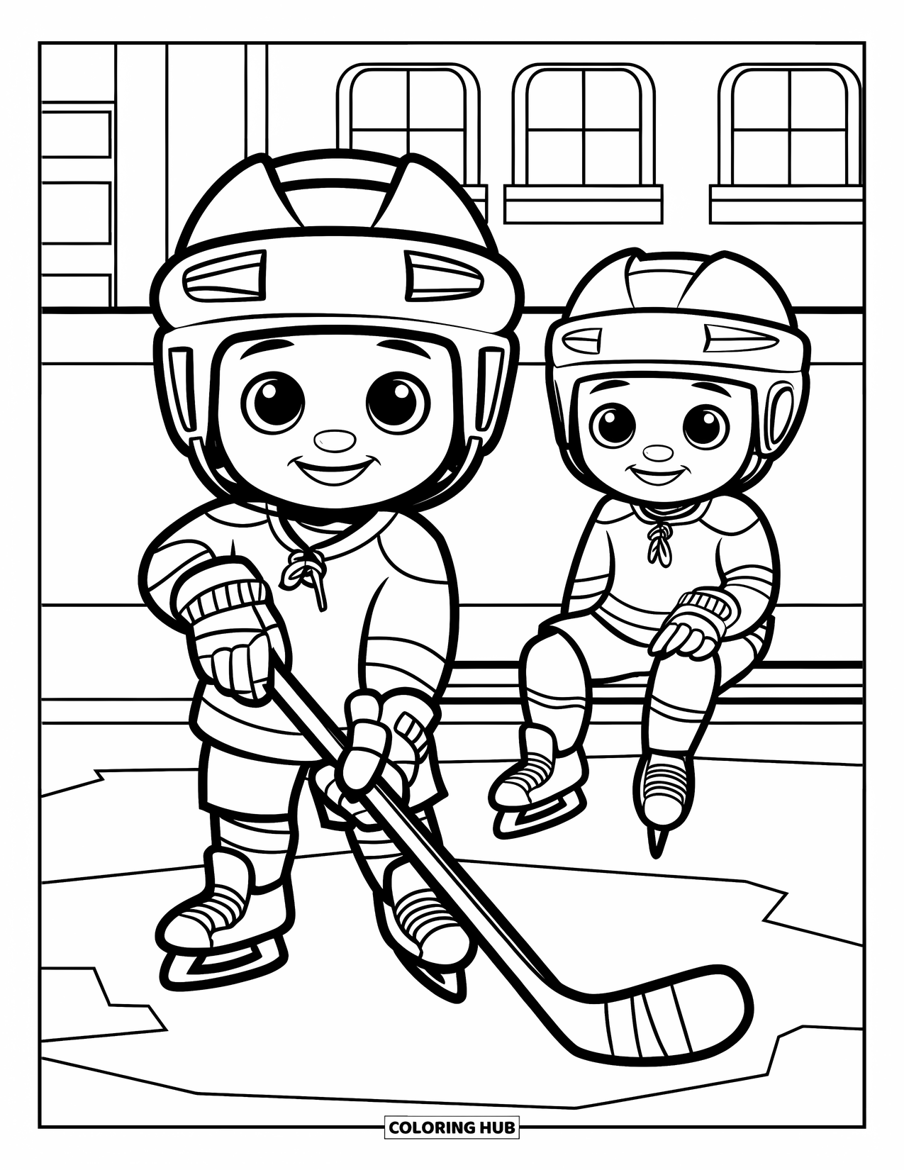 Hockey Coloring Page for Kids: One kid stands with a stick on ice while the other sits nearby on a bench