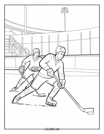 Coloriage de hockey pour enfants : Un joueur mène la course à la rondelle avec un drapeau et des sièges en arrière-plan