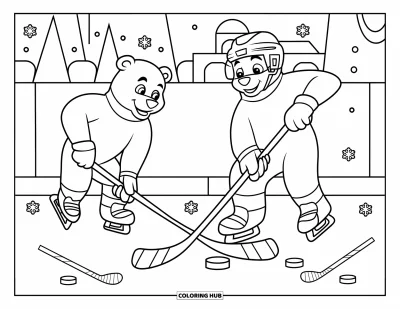 Coloriage de hockey pour enfants : Des ours polaires jouent au hockey sous des flocons de neige tombants, près d'arbres, de crosses et d'un bâtiment