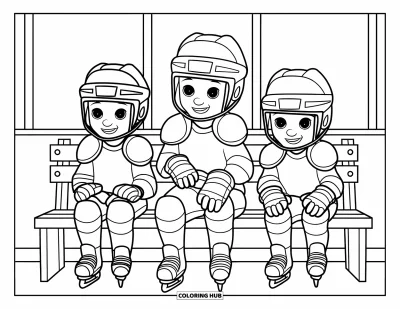 Coloriage de hockey pour enfants : Trois enfants en équipement de hockey sont assis près d'une patinoire, souriants et prêts à jouer