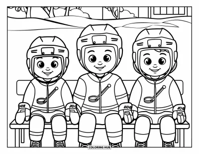 Coloriage de hockey pour enfants : Trois enfants souriants sont assis sur un banc en équipement de hockey près de la neige, d'arbres et d'un bâtiment