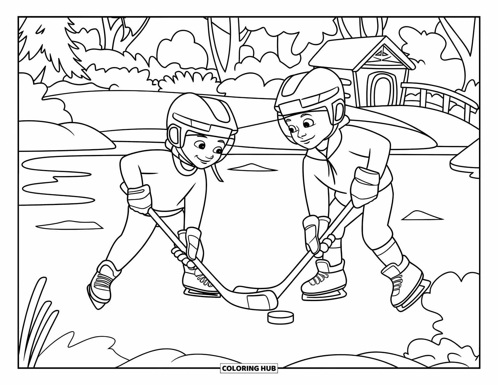 Hockey Coloring Page for Kids: Two kids face off in a snowy pond game near a hut and small bridge