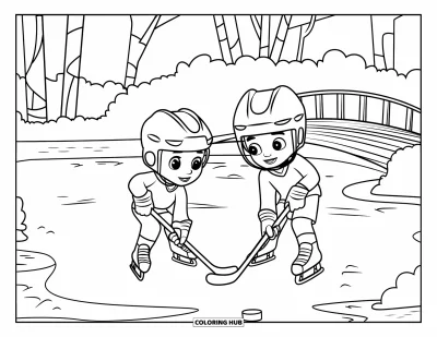 Coloriage de hockey pour enfants : Deux enfants jouent au hockey sur étang près d'un pont en bois et d'une glace lisse et vierge