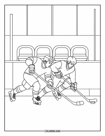 Coloriage de hockey pour enfants : Deux joueurs poursuivent une rondelle sur la patinoire avec des sièges et une rondelle rouge derrière eux