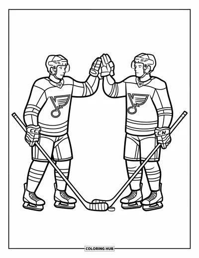 Coloriage de hockey pour enfants : Deux joueurs se tapent dans la main après un but, debout sur la glace avec des casques assortis