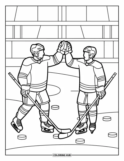 Coloriage de hockey pour enfants : Deux joueurs se tapent dans la main avec des rondelles dispersées sur la patinoire en arrière-plan