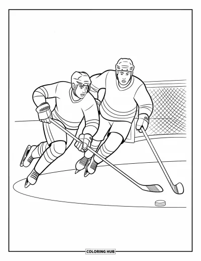 Coloriage de hockey pour enfants : Deux joueurs se précipitent vers la rondelle près d'un filet et de crosses dispersées