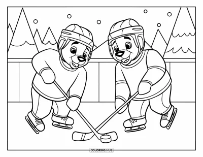 Coloriage de hockey pour enfants : Deux ours polaires patinent et jouent au hockey entourés d'arbres couverts de neige