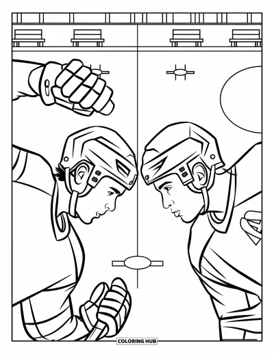 Coloriage de hockey pour enfants : Deux adolescents s'affrontent sur la patinoire, mains levées et regards accrochés