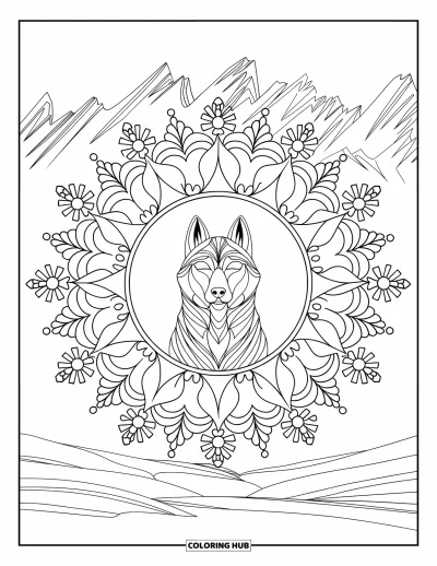 Coloriage de husky pour adultes : Un husky serein les yeux fermés est assis dans un paysage de montagne enneigée au sein d'un mandala en flocon