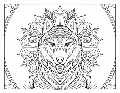 Coloriage de husky pour adultes : Un husky centré dans un cercle décoratif rempli de détails artistiques et de motifs de mandala tribal