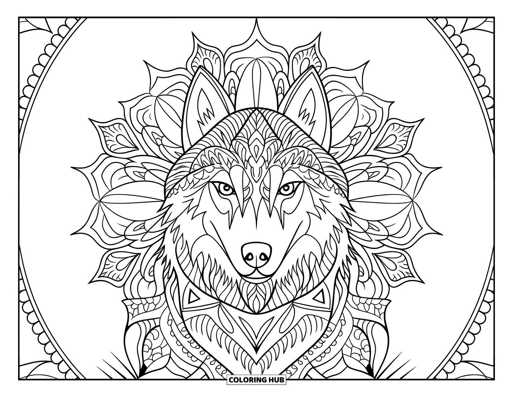 Husky Coloring Page for Adults: A centered husky within a decorative circle filled with artistic and tribal mandala details