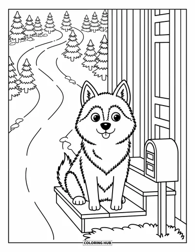 Coloriage de husky pour adultes : Un husky souriant est assis sur un porche avec des arbres enneigés et une petite boîte aux lettres à proximité