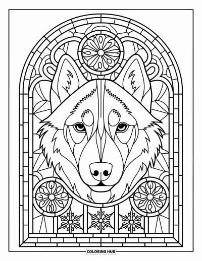 Coloriage de husky pour adultes : Un visage de husky en gros plan apparaît dans un encadrement de fleurs et de motifs de flocons