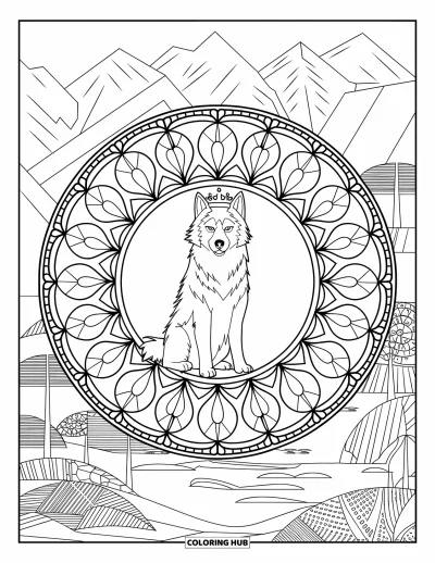 Coloriage de husky pour adultes : Un husky couronné est assis dans un mandala floral entouré d'un paisible paysage naturel