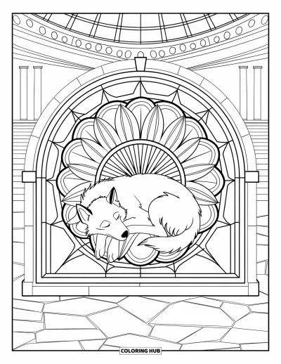 Coloriage de husky pour adultes : Un husky lové repose sous une arche de rosace dans une salle de pierre sereine et lumineuse