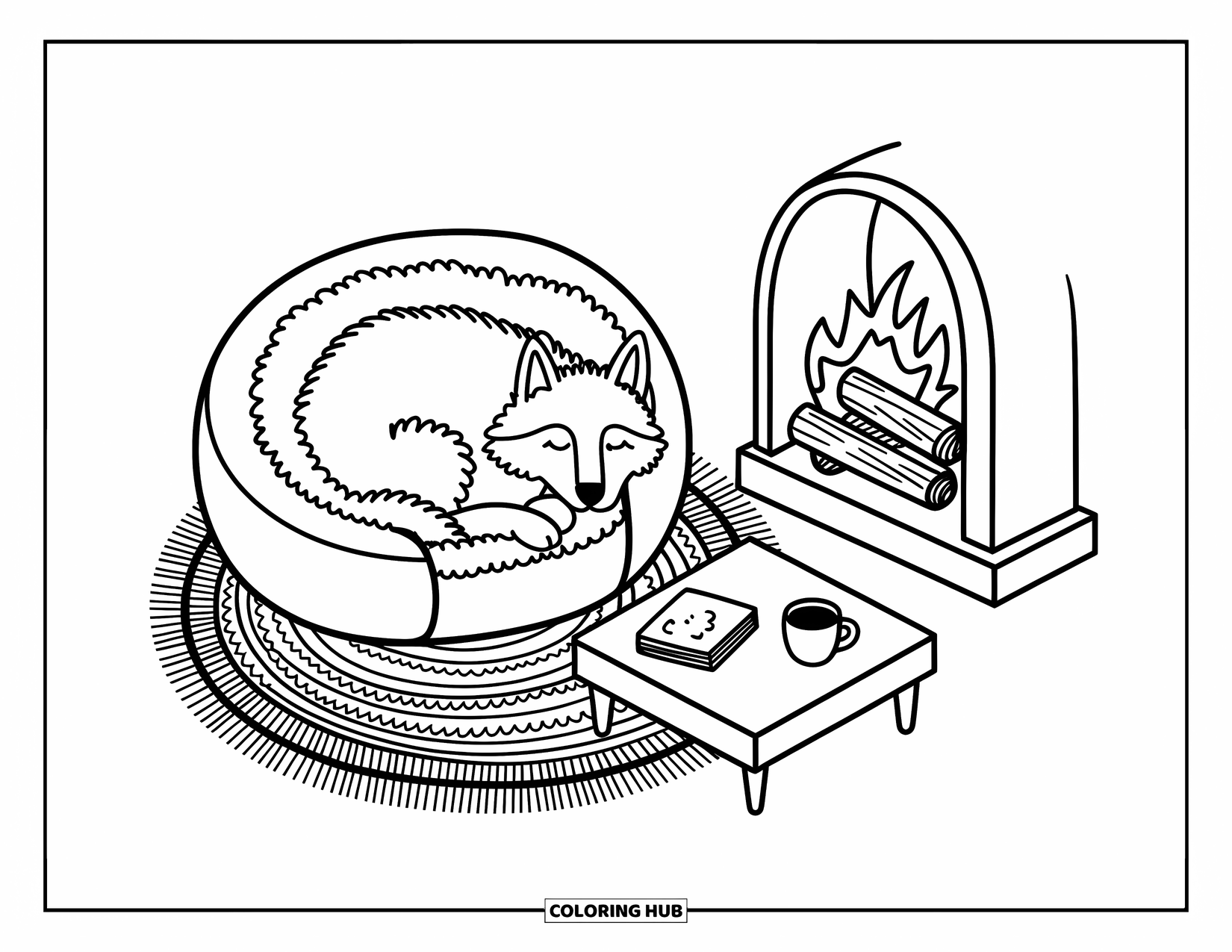 Husky Coloring Page for Adults: A curled-up husky naps beside a crackling fireplace, with cozy furniture and simplified details