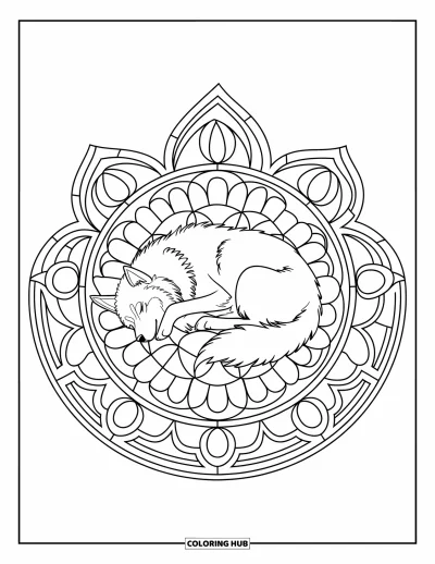 Coloriage de husky pour adultes : Un husky enroulé dort paisiblement dans une rosace aux motifs artistiques
