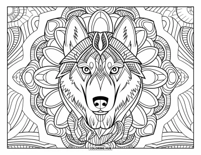 Coloriage de husky pour adultes : Un mandala détaillé représentant un husky entouré de motifs décoratifs et de designs inspirés de la nature