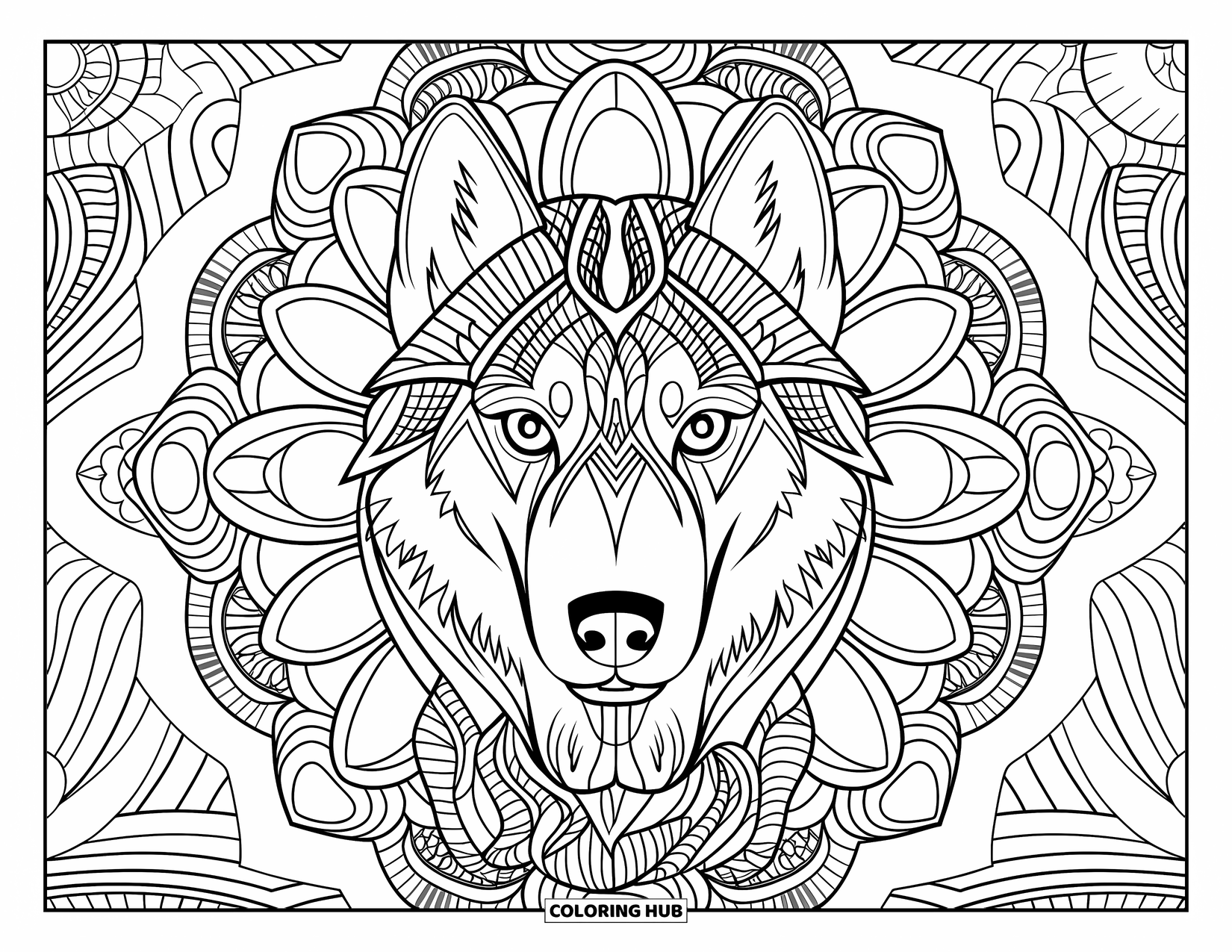 Husky Coloring Page for Adults: A detailed husky mandala surrounded by decorative patterns and symbolic nature-inspired designs