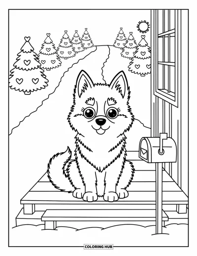 Coloriage de husky pour adultes : Un husky duveteux aux grands yeux est assis sur un porche surplombant des pins enneigés et une petite boîte aux lettres