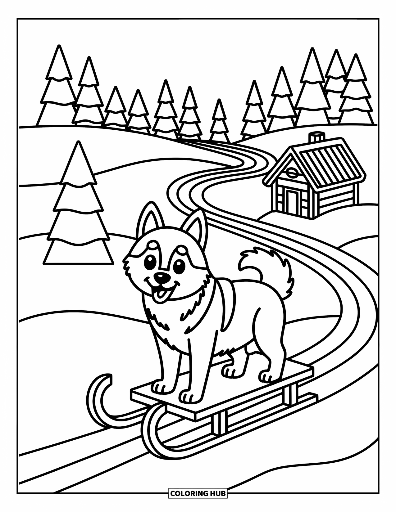 Husky Coloring Page for Adults: A friendly husky stands proudly near a sled atop a snowy hill overlooking a cozy valley