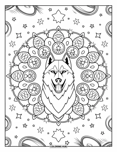 Coloriage de husky pour adultes : Un husky de face hurle dans un mandala rempli de pommes de pin, d'étoiles et de volutes