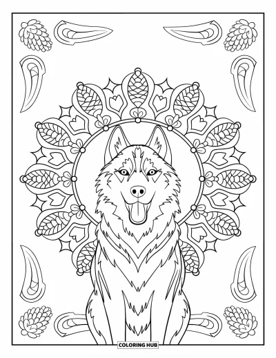 Coloriage de husky pour adultes : Un husky hurlant est encadré de pommes de pin, d'étoiles et de motifs décoratifs tourbillonnants