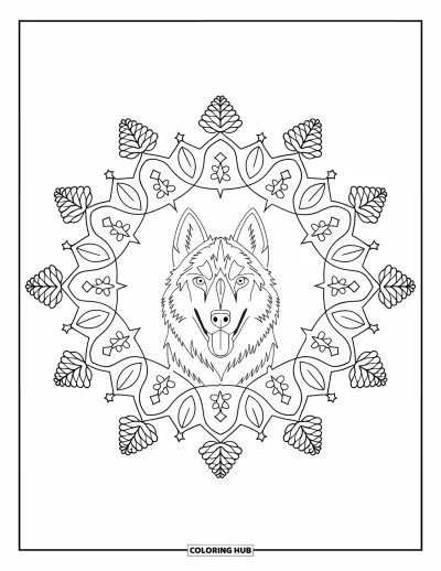 Coloriage de husky pour adultes : Un husky hurlant assis au centre d'un mandala composé de pommes de pin et d'étoiles