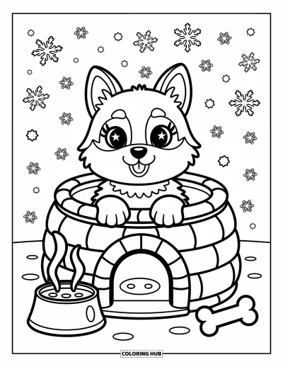 Coloriage de husky pour adultes : Un husky dans un igloo lève les yeux avec tendresse entouré de flocons, d'un bol et d'un os à portée