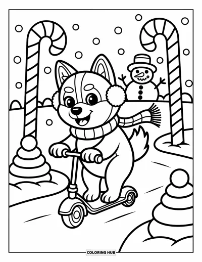 Coloriage de husky pour adultes : Un husky fait joyeusement de la trottinette dans la neige en passant devant des panneaux, des boules de neige et un bonhomme de neige qui salue