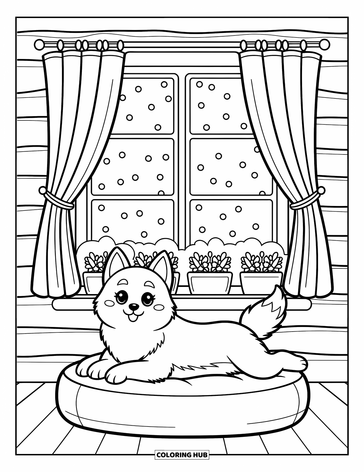 Husky Coloring Page for Adults: A husky lies belly-down in a cabin, watching snow through a window with potted plants
