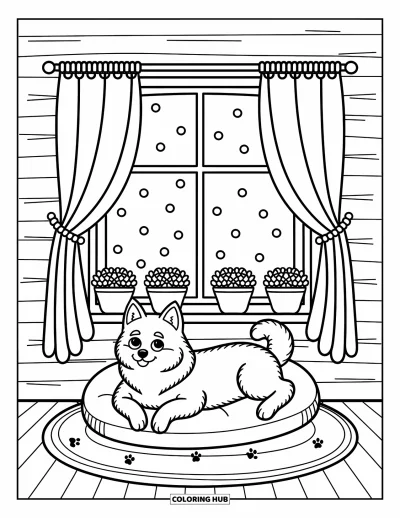 Coloriage de husky pour adultes : Un husky se prélasse dans un chalet sur un coussin moelleux, le regard tourné vers la neige et les plantes en pot