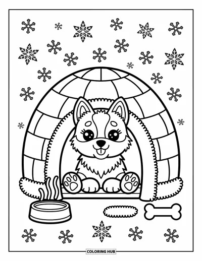 Coloriage de husky pour adultes : Un chiot husky se blottit dans un igloo aux courbes douces, entouré de flocons, de nourriture et d'un os
