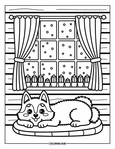 Coloriage de husky pour adultes : Un husky se repose sur un coussin dans un chalet chaleureux avec de la neige qui tombe derrière la fenêtre
