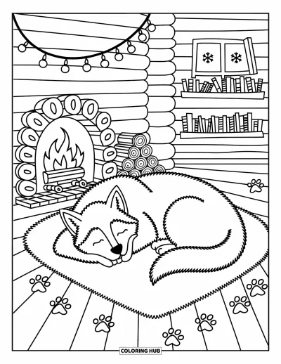 Coloriage de husky pour adultes : Un husky en forme de cœur fait la sieste sur un tapis avec des livres, des lumières et des empreintes de pattes sur une fenêtre enneigée