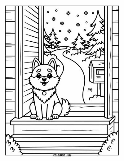 Coloriage de husky pour adultes : Un husky souriant sur un porche avec des arbres, de la neige et de délicats détails de flocons et de pommes de pin