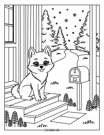 Coloriage de husky pour adultes : Un husky à l'air tranquille est assis sur un porche, regardant la neige et de petits sapins le long d'un chemin
