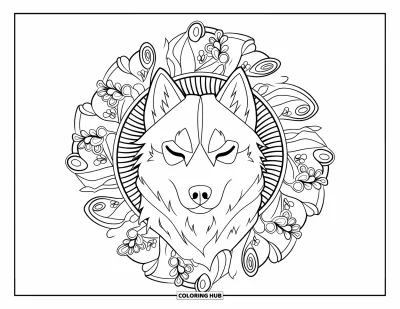 Coloriage de husky pour adultes : Un husky les yeux clos se repose dans un mandala orné de spirales et de formes montagneuses